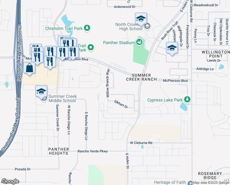 map of restaurants, bars, coffee shops, grocery stores, and more near 4812 Barberry Tree Cove in Crowley
