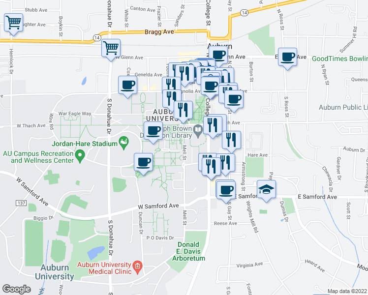 map of restaurants, bars, coffee shops, grocery stores, and more near 237-255 Mell Street in Auburn