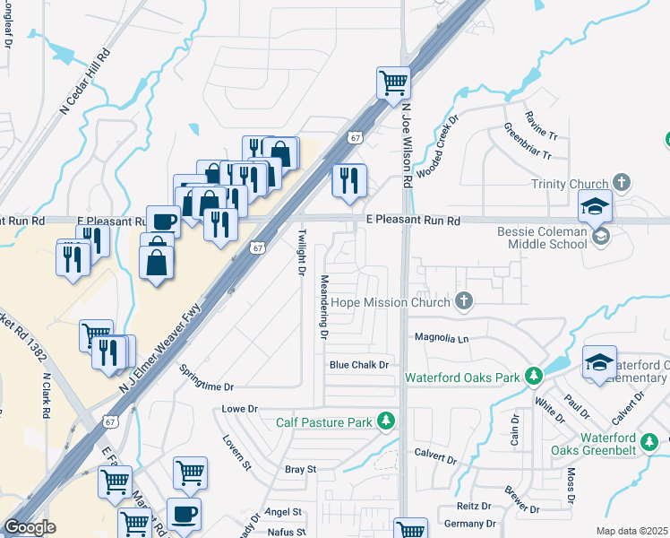 map of restaurants, bars, coffee shops, grocery stores, and more near 604 Grove Manor in Cedar Hill
