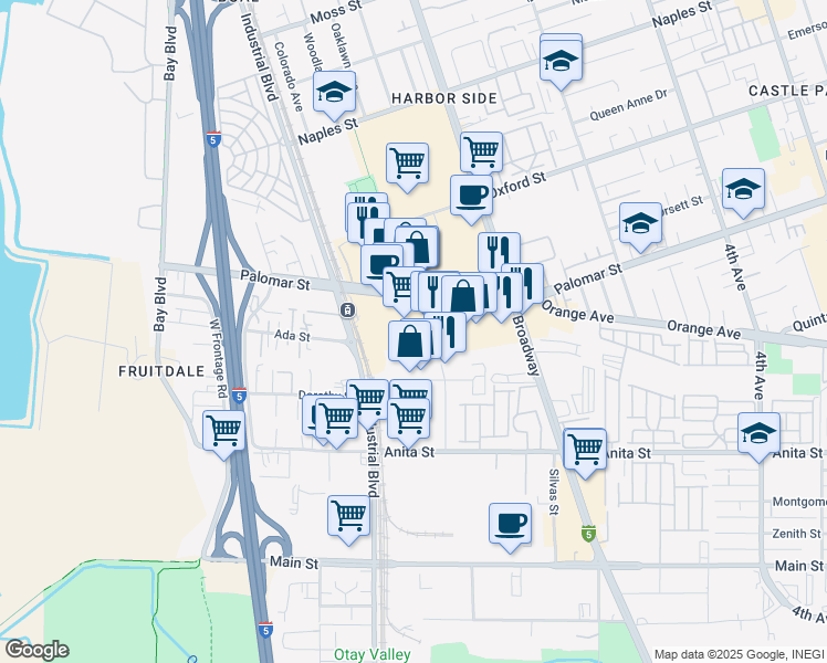 map of restaurants, bars, coffee shops, grocery stores, and more near 642 Palomar St in Chula Vista