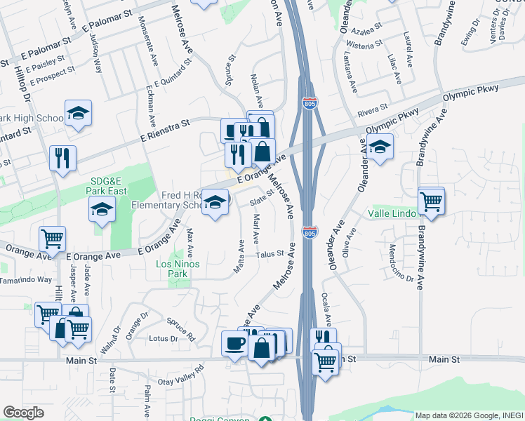 map of restaurants, bars, coffee shops, grocery stores, and more near 1541 Marl Avenue in Chula Vista