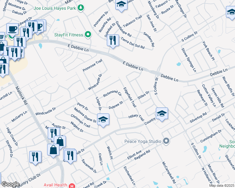map of restaurants, bars, coffee shops, grocery stores, and more near 2308 Richmond Circle in Mansfield
