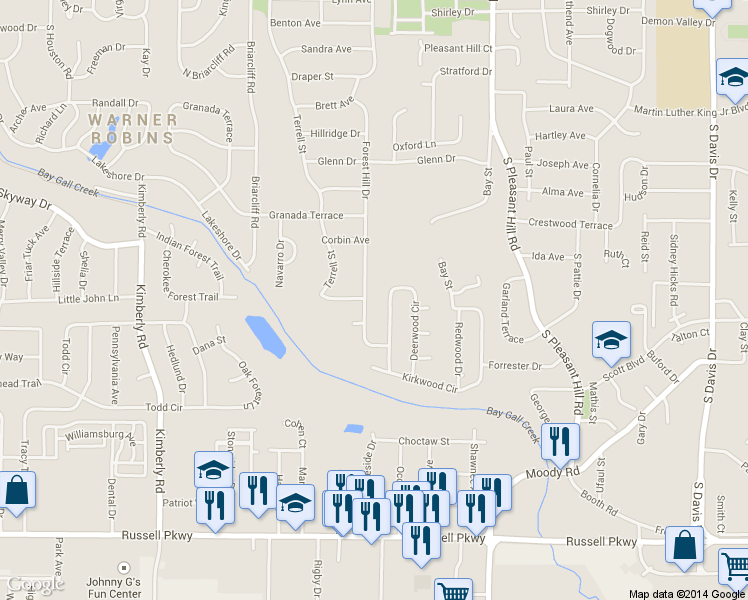 map of restaurants, bars, coffee shops, grocery stores, and more near 314 Forest Hill Dr in Warner Robins