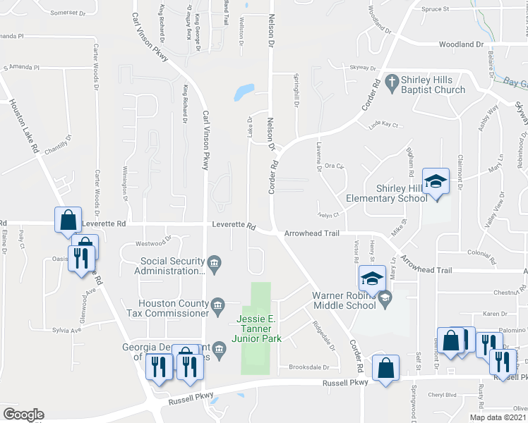 map of restaurants, bars, coffee shops, grocery stores, and more near 922 Corder Road in Warner Robins