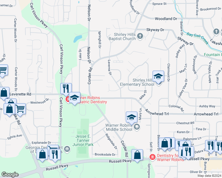 map of restaurants, bars, coffee shops, grocery stores, and more near 406 Ivelyn Ct in Warner Robins