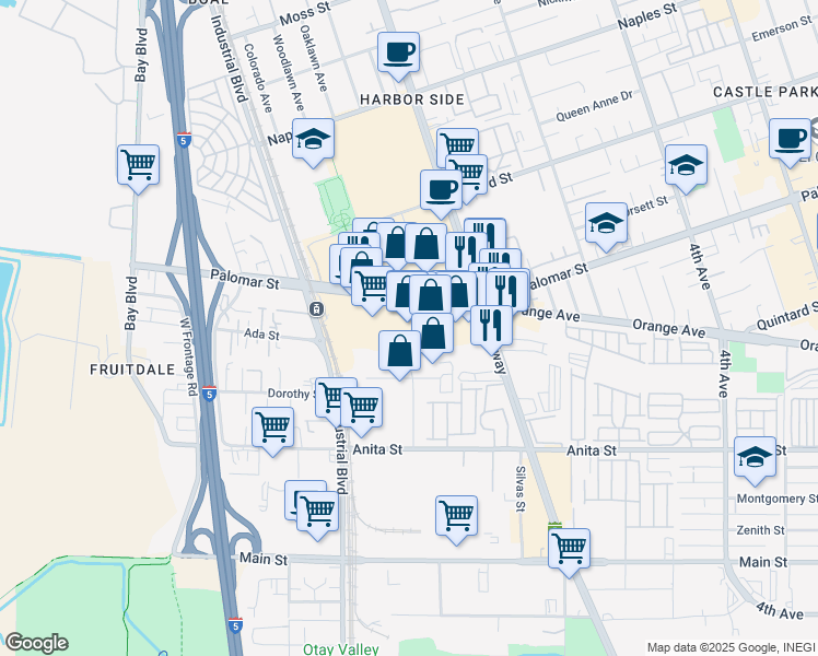map of restaurants, bars, coffee shops, grocery stores, and more near 642 Palomar Street in Chula Vista