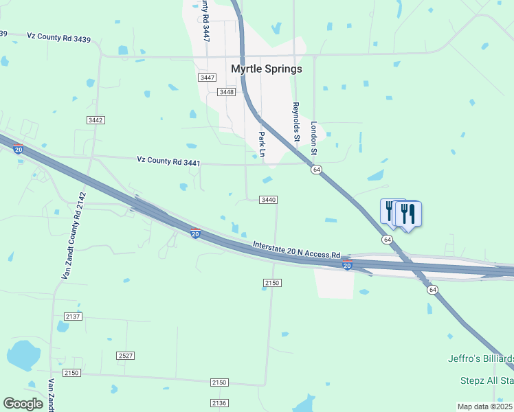 map of restaurants, bars, coffee shops, grocery stores, and more near County Road 3440 in Wills Point