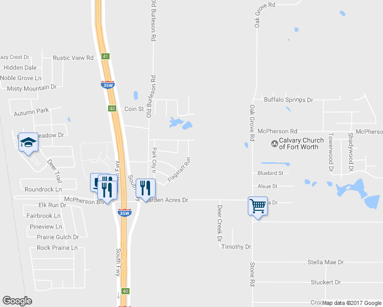 map of restaurants, bars, coffee shops, grocery stores, and more near 10525 Flagstaff Run in Fort Worth