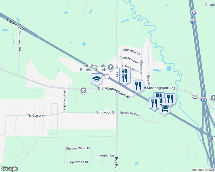map of restaurants, bars, coffee shops, grocery stores, and more near 5918 Old Mooringsport Rd in Shreveport