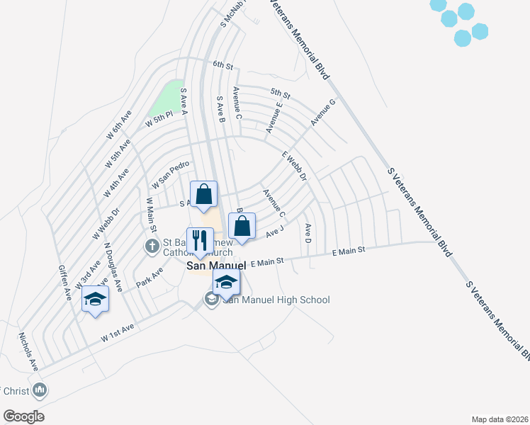 map of restaurants, bars, coffee shops, grocery stores, and more near 111 Avenue I in San Manuel