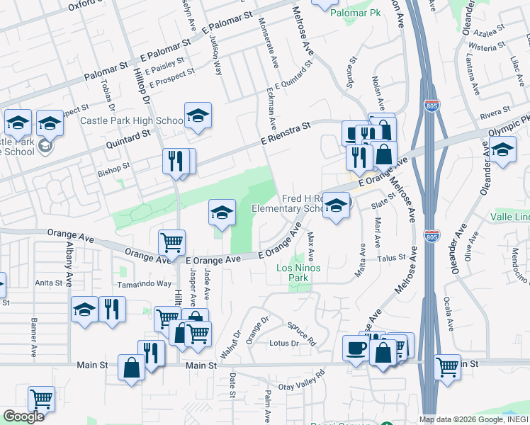 map of restaurants, bars, coffee shops, grocery stores, and more near 1520 Larkhaven Drive in Chula Vista