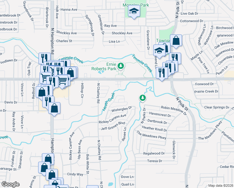 map of restaurants, bars, coffee shops, grocery stores, and more near 732 Arbor Creek Drive in DeSoto