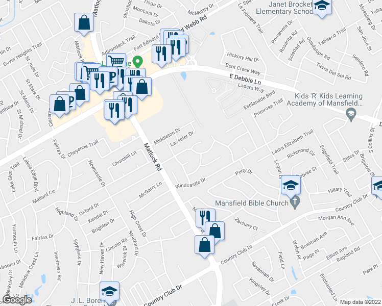 map of restaurants, bars, coffee shops, grocery stores, and more near 1910 Walnut Hills Lane in Mansfield