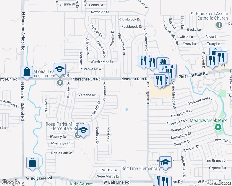 map of restaurants, bars, coffee shops, grocery stores, and more near 1907 Blue Sage Drive in Lancaster