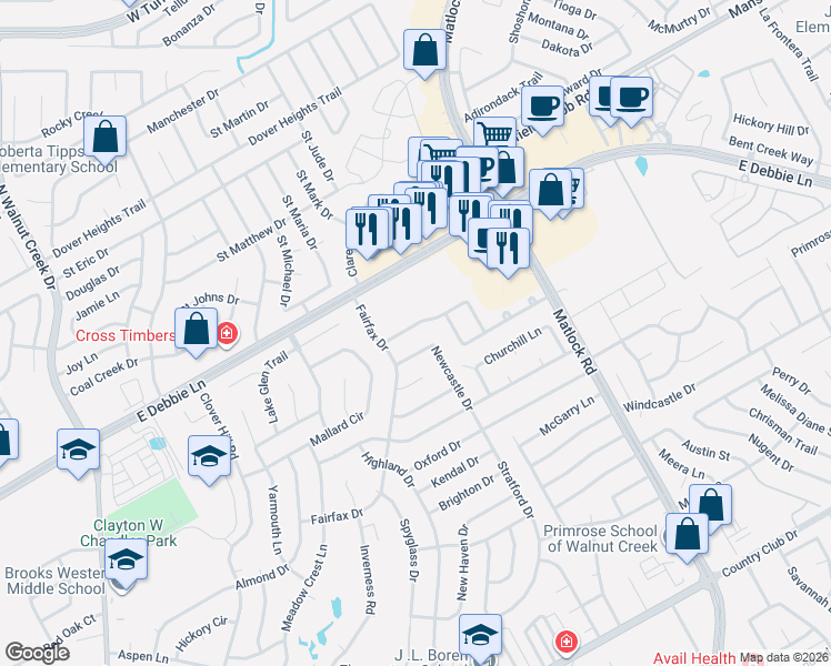 map of restaurants, bars, coffee shops, grocery stores, and more near 1510 Cheyenne Trail in Mansfield