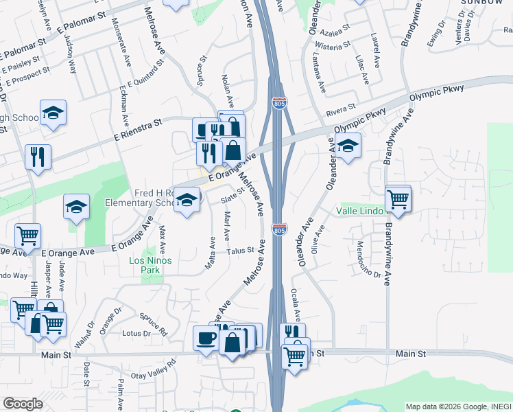 map of restaurants, bars, coffee shops, grocery stores, and more near 1540 Melrose Avenue in Chula Vista