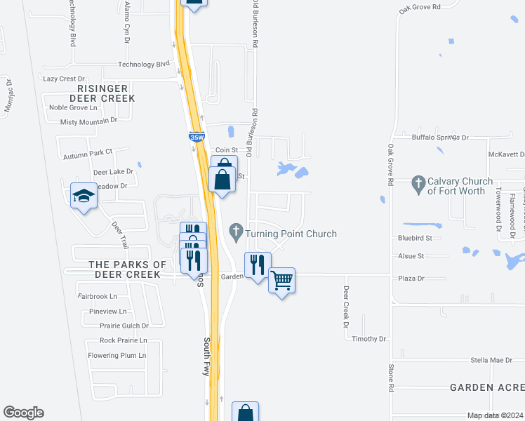 map of restaurants, bars, coffee shops, grocery stores, and more near 204 Crescent Ridge Drive in Fort Worth