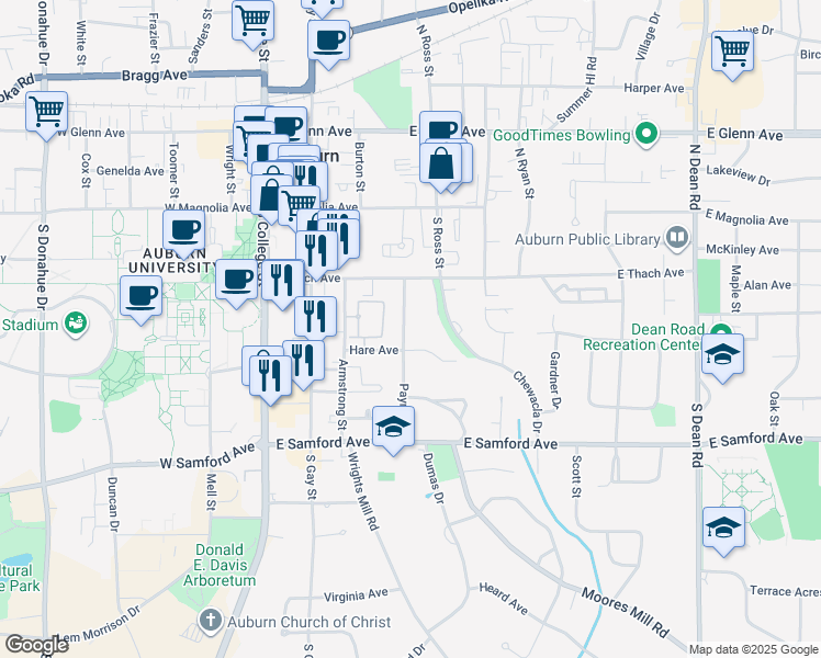 map of restaurants, bars, coffee shops, grocery stores, and more near 245 Payne Street in Auburn