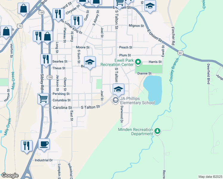 map of restaurants, bars, coffee shops, grocery stores, and more near 706 Durwood Drive in Minden