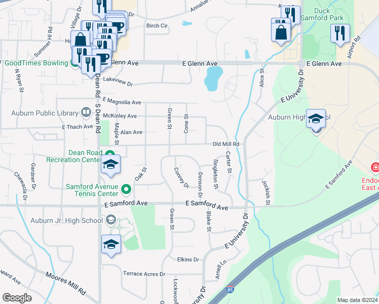 map of restaurants, bars, coffee shops, grocery stores, and more near 239 Denson Drive in Auburn
