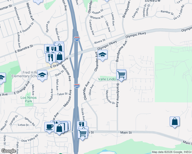 map of restaurants, bars, coffee shops, grocery stores, and more near 1540 Olive Court in Chula Vista