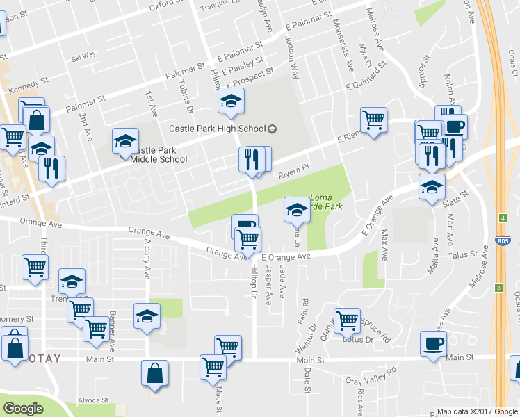 map of restaurants, bars, coffee shops, grocery stores, and more near 1423 Hilltop Drive in Chula Vista