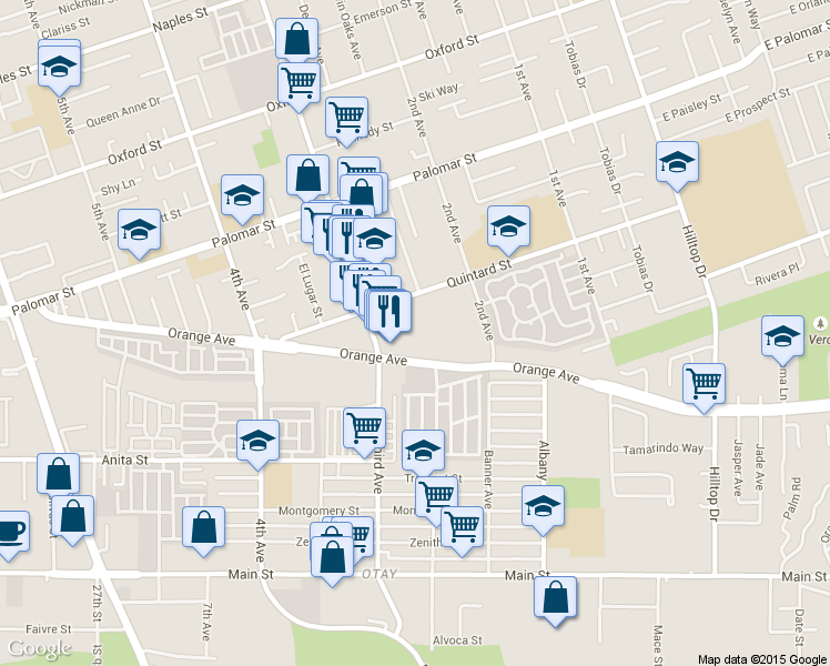 map of restaurants, bars, coffee shops, grocery stores, and more near 256 Orange Avenue in Chula Vista