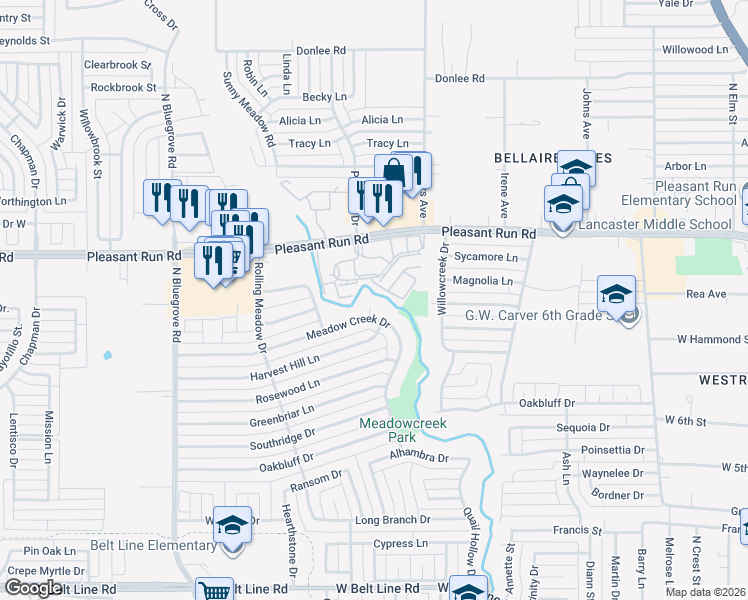 map of restaurants, bars, coffee shops, grocery stores, and more near 1137 Meadow Creek Court in Lancaster