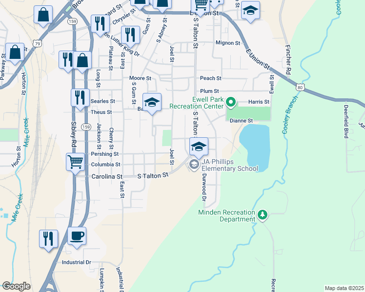 map of restaurants, bars, coffee shops, grocery stores, and more near 706 Durwood Drive in Minden