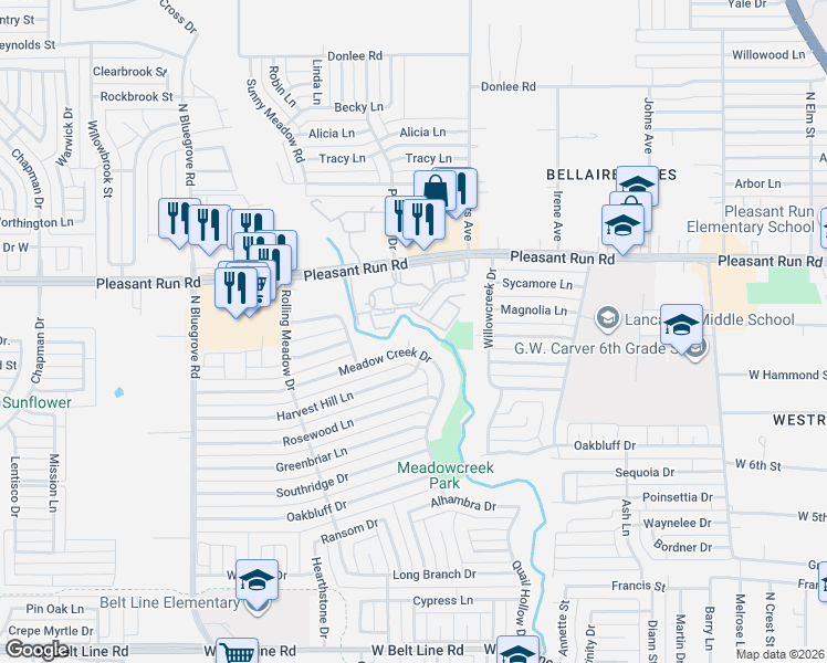 map of restaurants, bars, coffee shops, grocery stores, and more near 1141 Meadow Creek Court in Lancaster