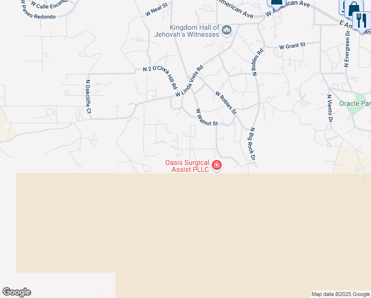 map of restaurants, bars, coffee shops, grocery stores, and more near 1085 West Chicalote Street in Oracle
