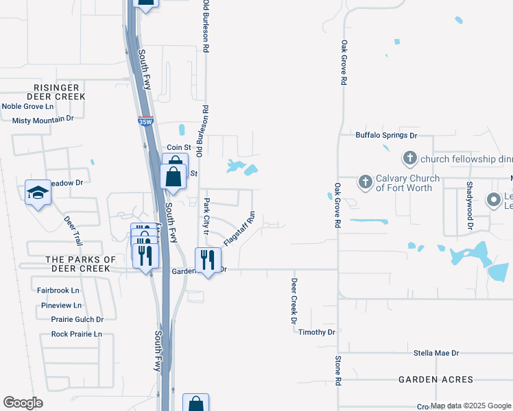 map of restaurants, bars, coffee shops, grocery stores, and more near 10521 Flagstaff Run in Fort Worth