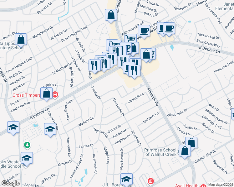 map of restaurants, bars, coffee shops, grocery stores, and more near 1807 Estates Drive in Mansfield