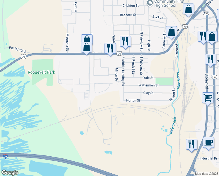map of restaurants, bars, coffee shops, grocery stores, and more near 534 Babb Circle in Minden