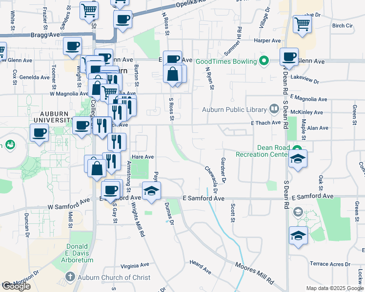 map of restaurants, bars, coffee shops, grocery stores, and more near 253 Chewacla Drive in Auburn