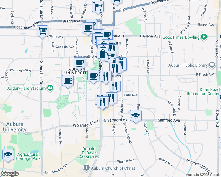 map of restaurants, bars, coffee shops, grocery stores, and more near 248 South Gay Street in Auburn
