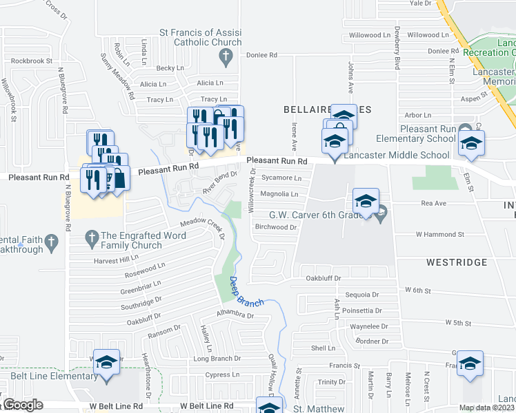 map of restaurants, bars, coffee shops, grocery stores, and more near 949 Dogwood Trail in Lancaster