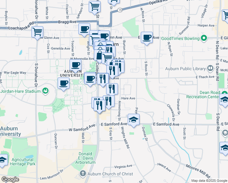 map of restaurants, bars, coffee shops, grocery stores, and more near 237 South Gay Street in Auburn