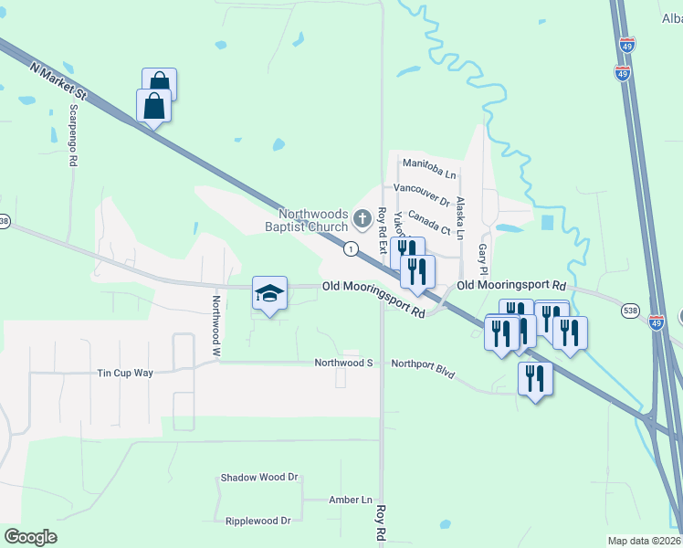 map of restaurants, bars, coffee shops, grocery stores, and more near 5918 Old Mooringsport Road in Shreveport