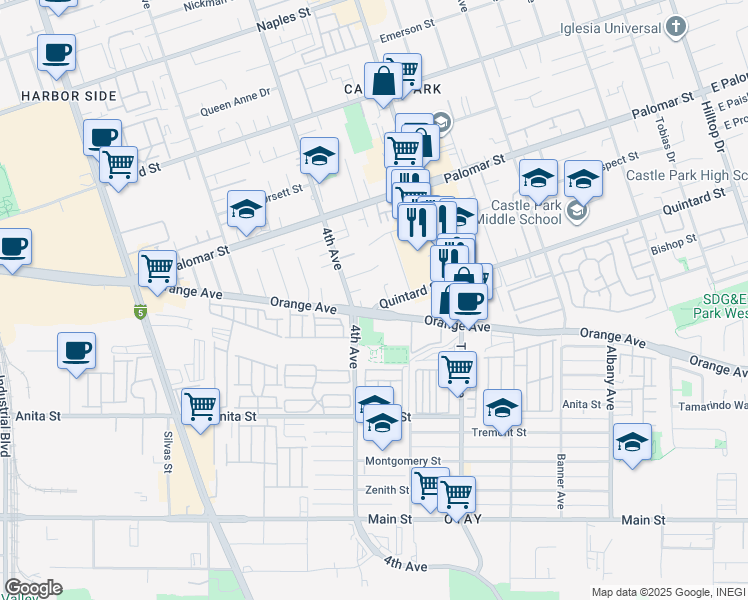 map of restaurants, bars, coffee shops, grocery stores, and more near 398 Quintard Street in Chula Vista