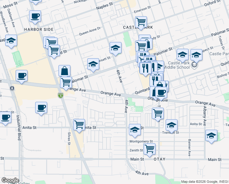 map of restaurants, bars, coffee shops, grocery stores, and more near 444 Orange Avenue in Chula Vista