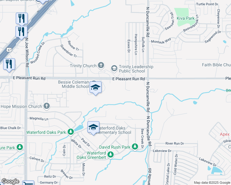 map of restaurants, bars, coffee shops, grocery stores, and more near 1240 East Pleasant Run Road in Cedar Hill