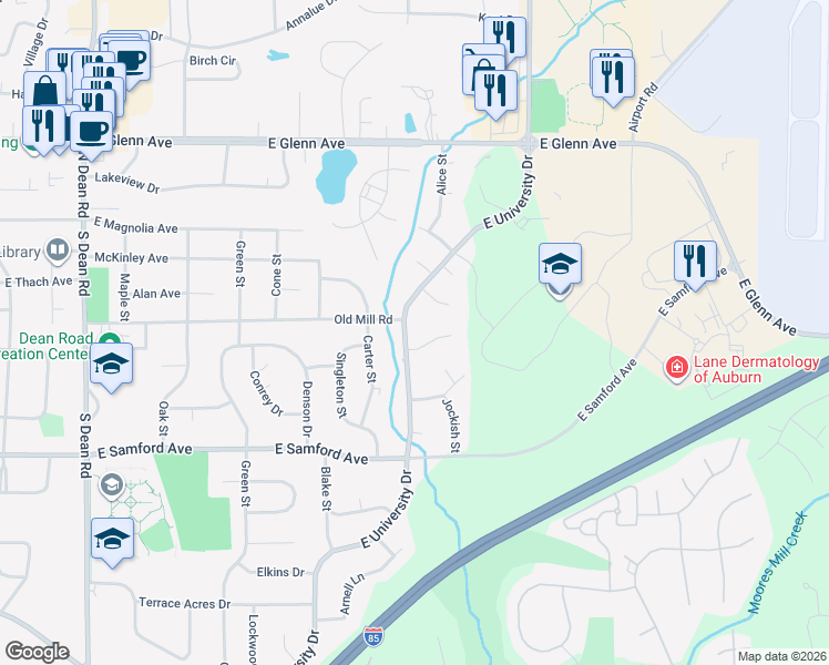 map of restaurants, bars, coffee shops, grocery stores, and more near 1428 Pinkston Court in Auburn