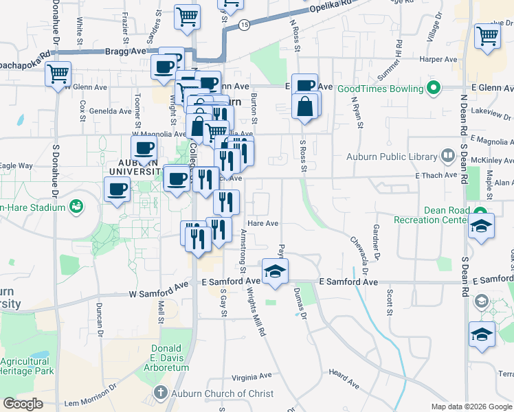 map of restaurants, bars, coffee shops, grocery stores, and more near 221 Armstrong Street in Auburn