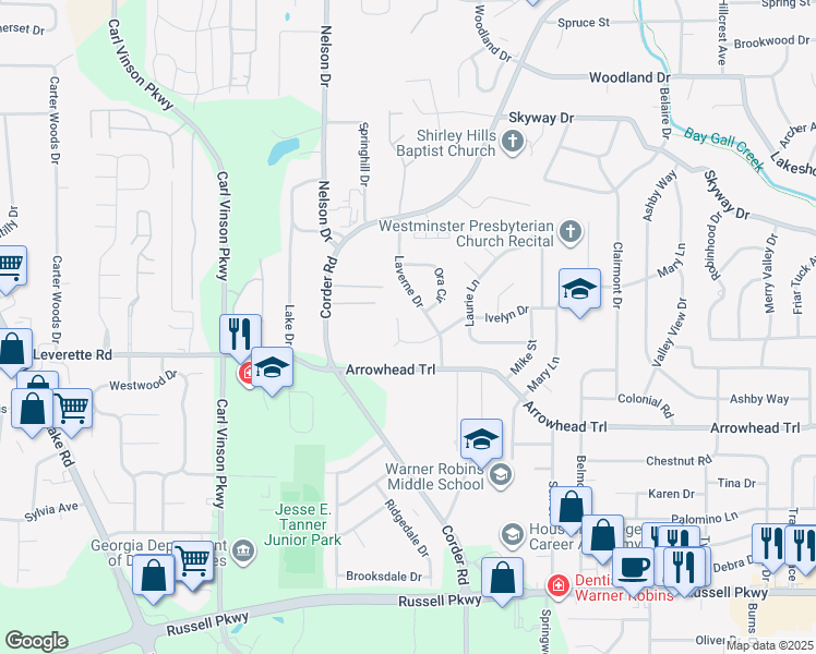 map of restaurants, bars, coffee shops, grocery stores, and more near 406 Ivelyn Court in Warner Robins