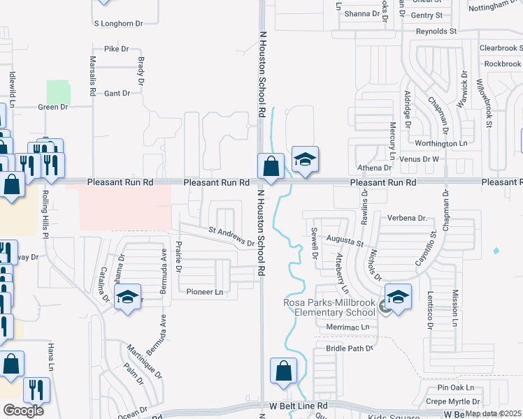 map of restaurants, bars, coffee shops, grocery stores, and more near North Houston School Road in Lancaster