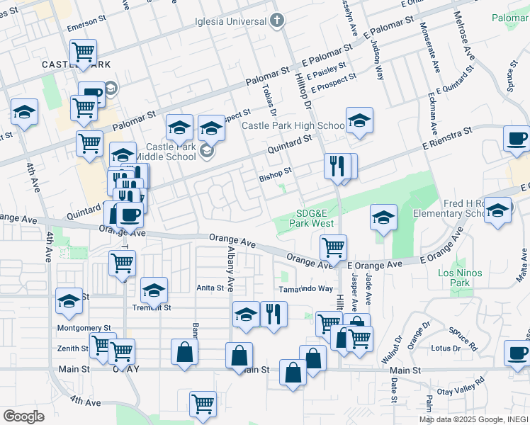 map of restaurants, bars, coffee shops, grocery stores, and more near 1425 2nd Avenue in Chula Vista