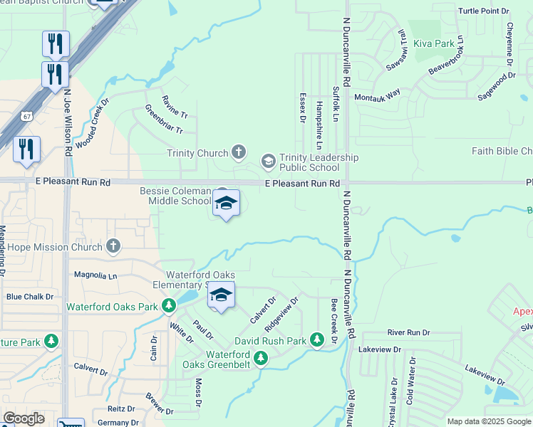 map of restaurants, bars, coffee shops, grocery stores, and more near 1240 East Pleasant Run Road in Cedar Hill