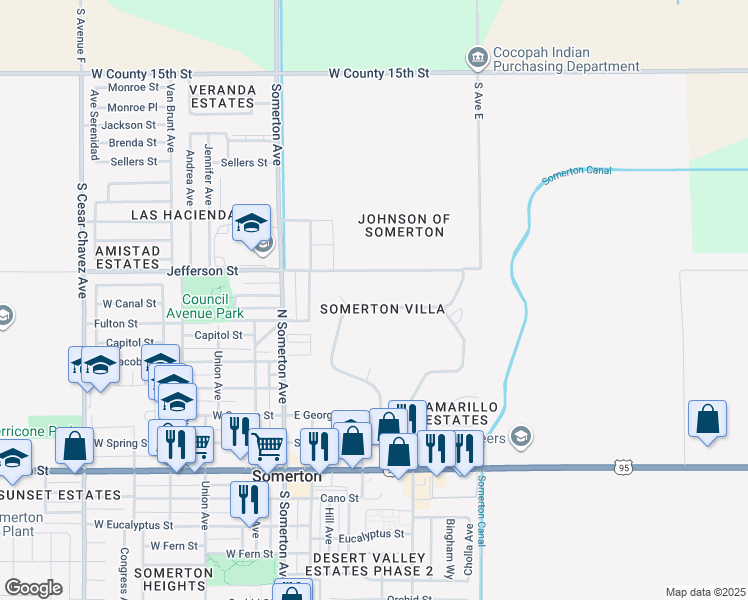map of restaurants, bars, coffee shops, grocery stores, and more near 607 North Marshall Loop Road in Somerton