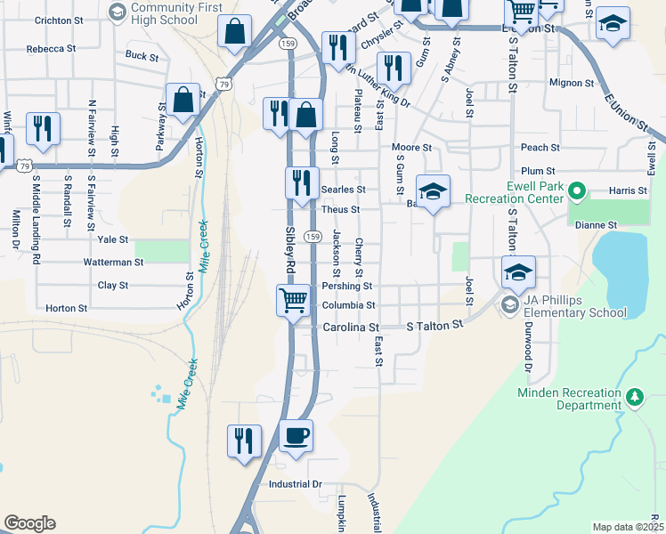 map of restaurants, bars, coffee shops, grocery stores, and more near 706 Pershing Street in Minden